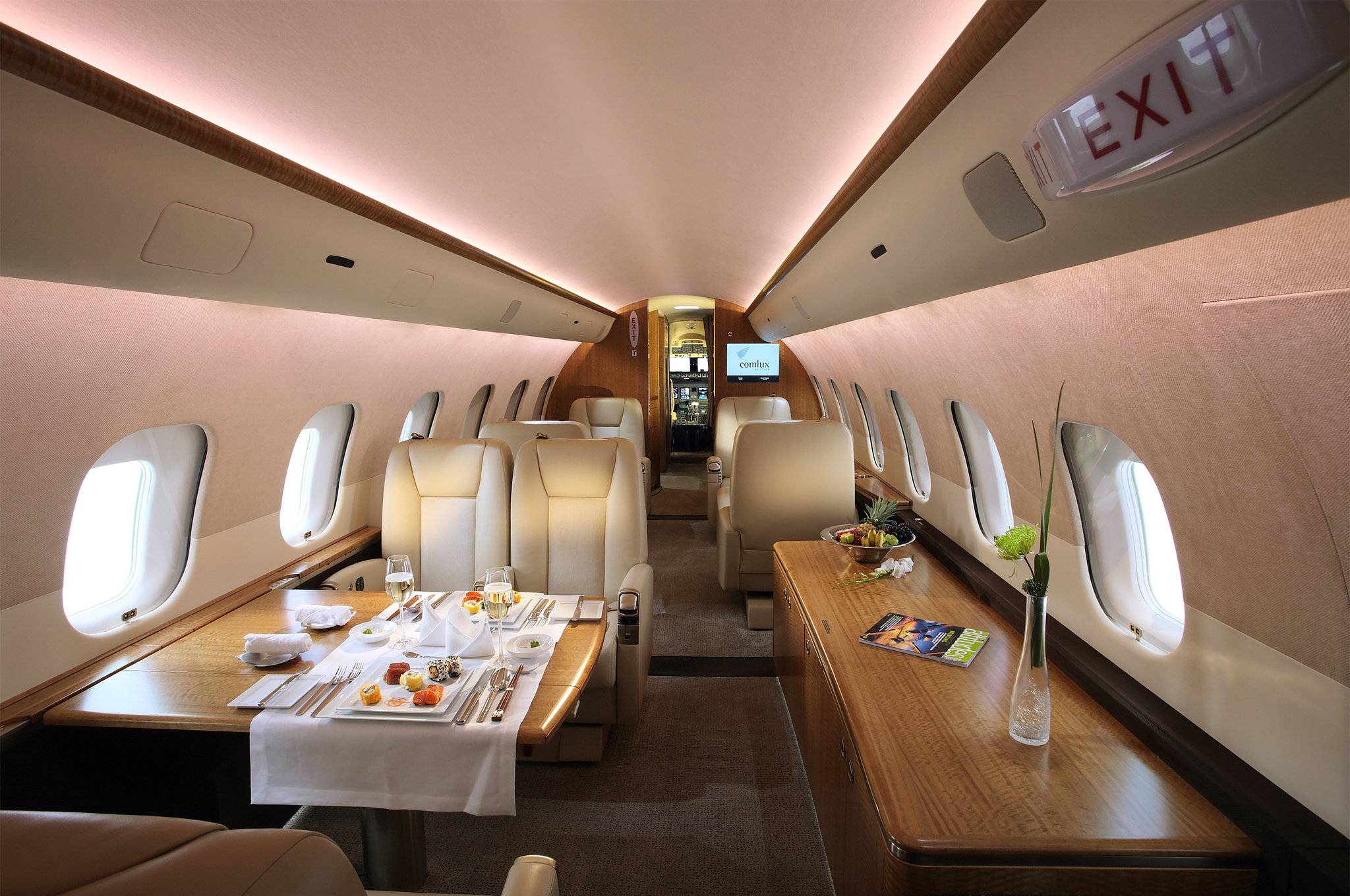 Private jet cabin fine dining setup for VIP inflight catering London Airport